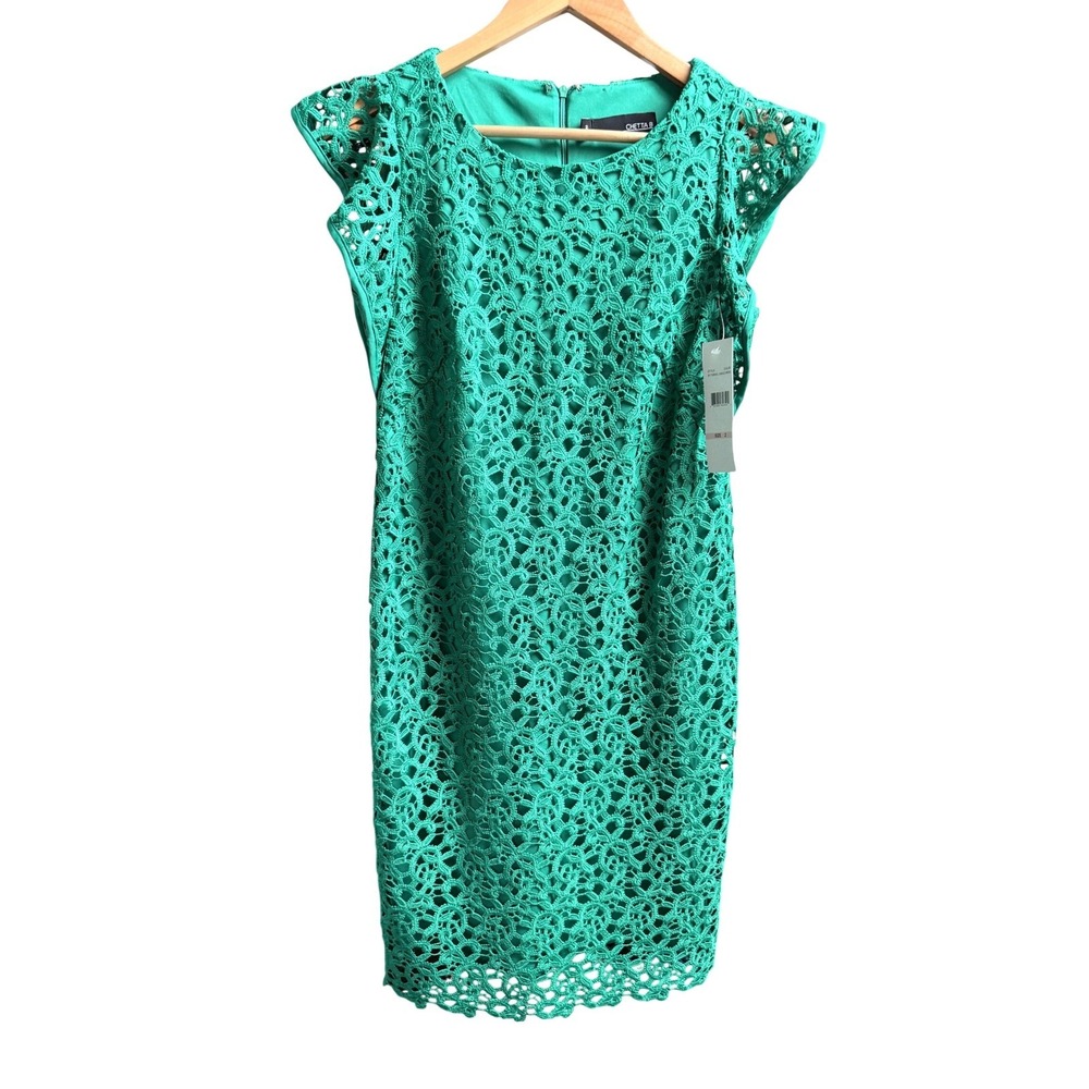 NWT Chetta B Green Crochet Lace Sheath Dress Sleeveless Floral Size 2